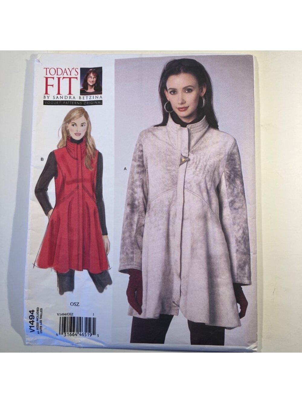 Vogue V1494 B32-55 Todays Fit Sandra Betzina Flaired Hem Coat & Vest Pattern FF